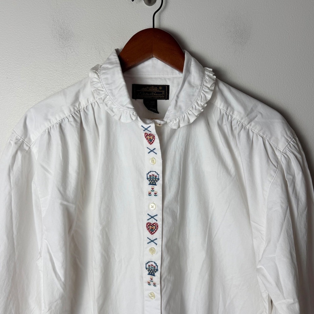 VTG 90s Eddie Bauer Embroidered Heart Ruffle Collar Blouse Large Cottage Prairie - Picture 4 of 14